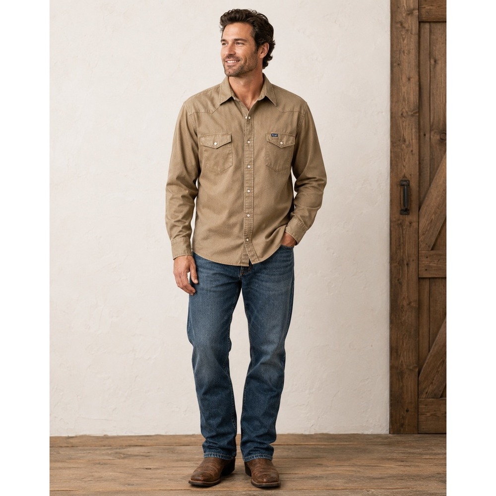 Wrangler Pearl Snap Shirt Mens 1X Brown Cotton Canvas Pockets Western Rodeo‎